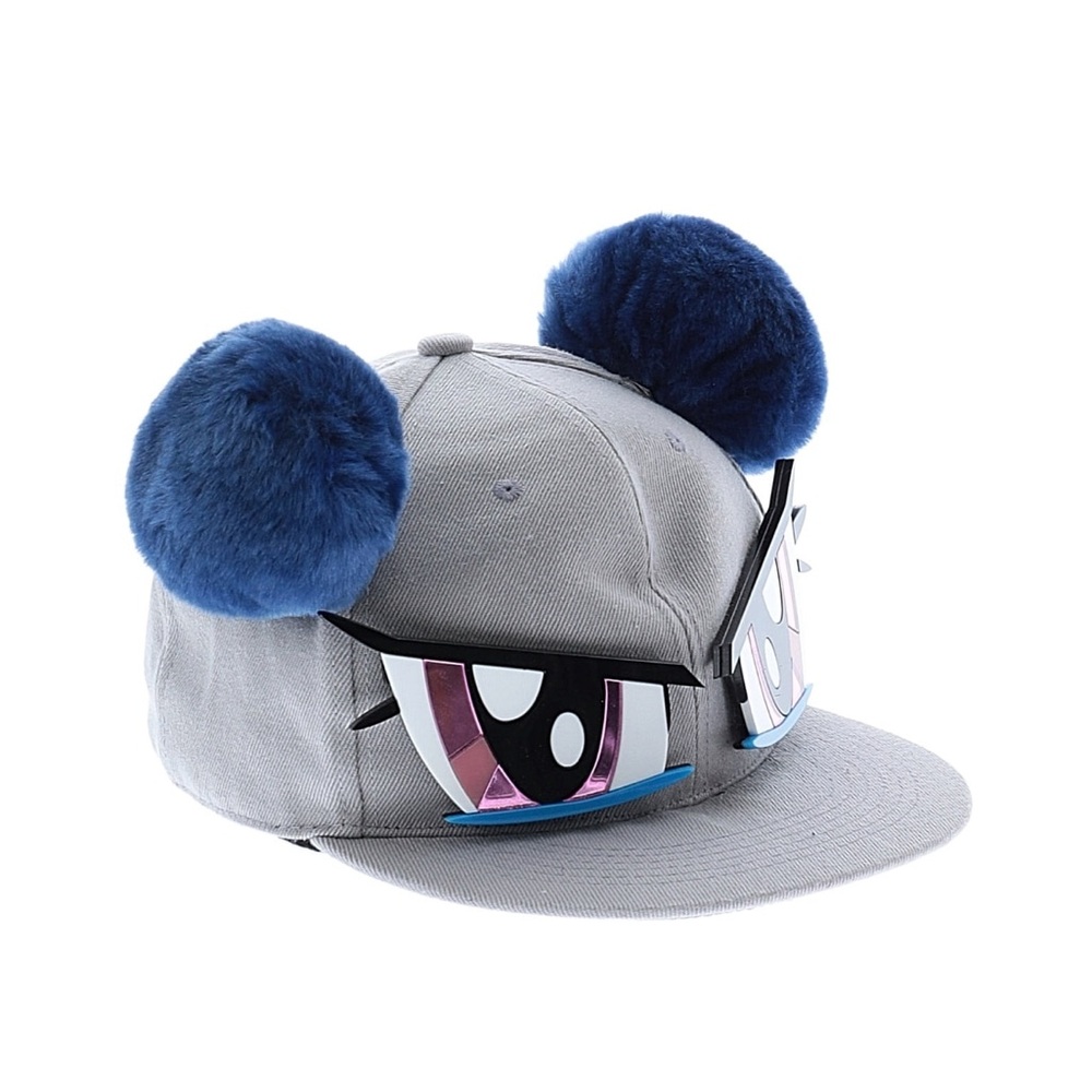 RICH KIDS Gray Snapback Anime Eyes Navy Blue Pom Pom Detail‎ Flat Brim Hat